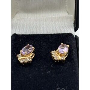 Vintage 1990's Genuine Amethyst Pierced Earrings, Gold Tone 4Rhinestones Dainty